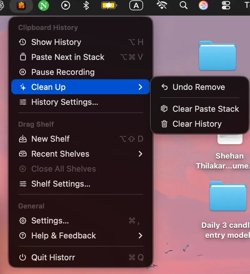 Historr Clean Up submenu with Undo Remove, Clear Paste Stack, and Clear History.
