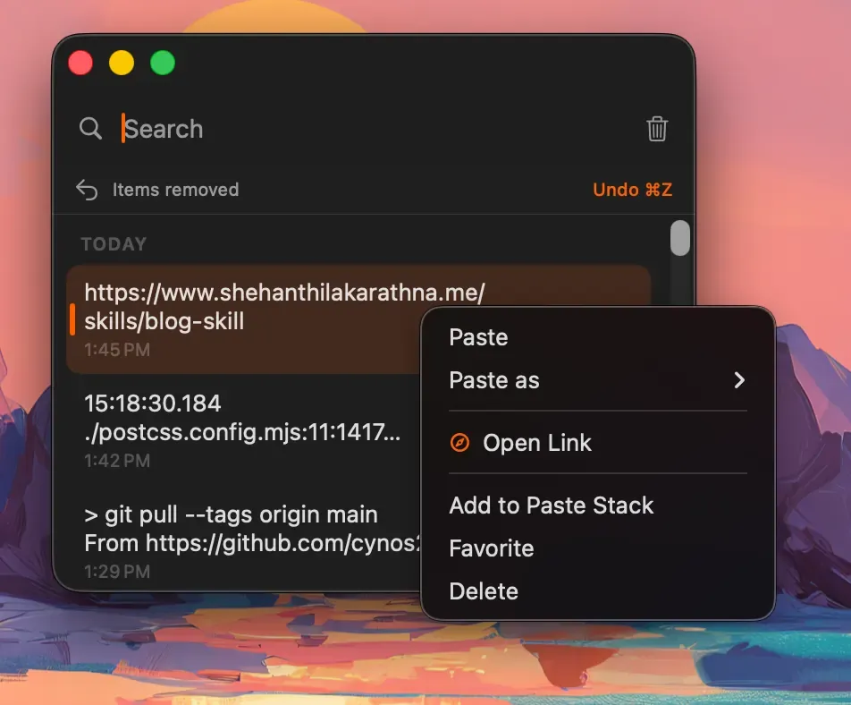 Historr context menu showing Add to Paste Stack, Favorite, and Delete.