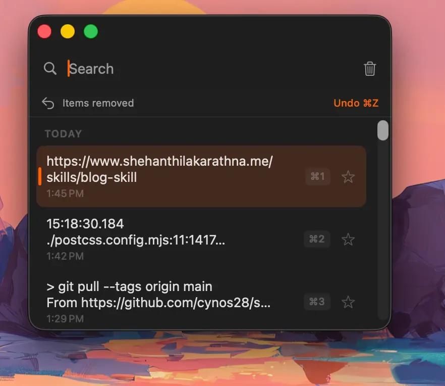 Historr history window with search, recent copied entries, and numbered paste shortcuts.