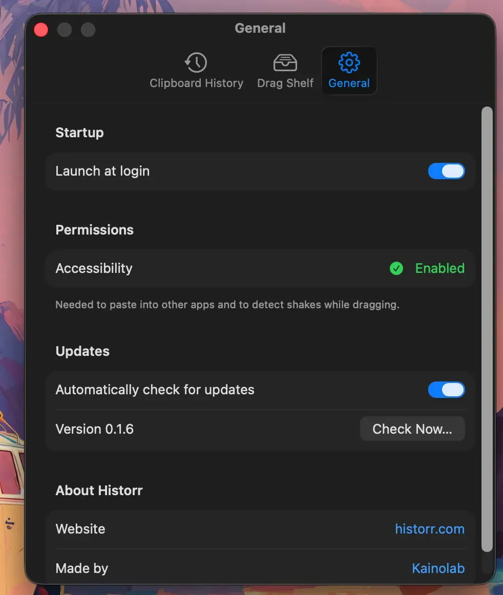 Historr General settings showing Accessibility Enabled, launch-at-login, update controls, and version 0.1.6.