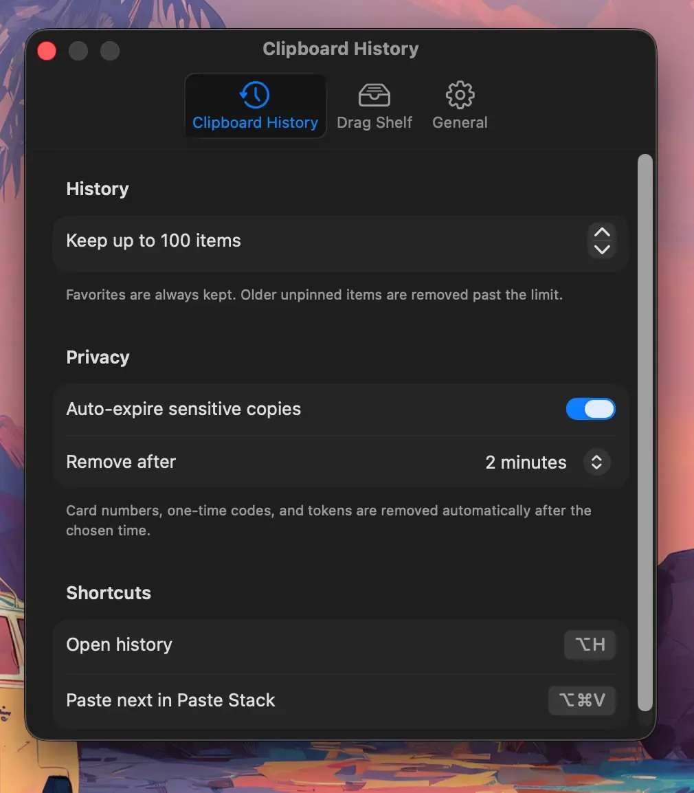 Historr Clipboard History settings showing a 100-item limit and the note that favorites are always kept.