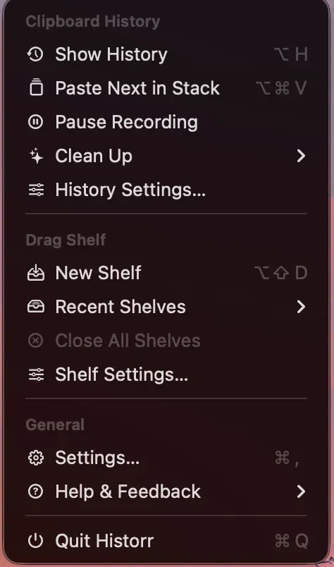 Historr menu showing Pause Recording in the Clipboard History section.
