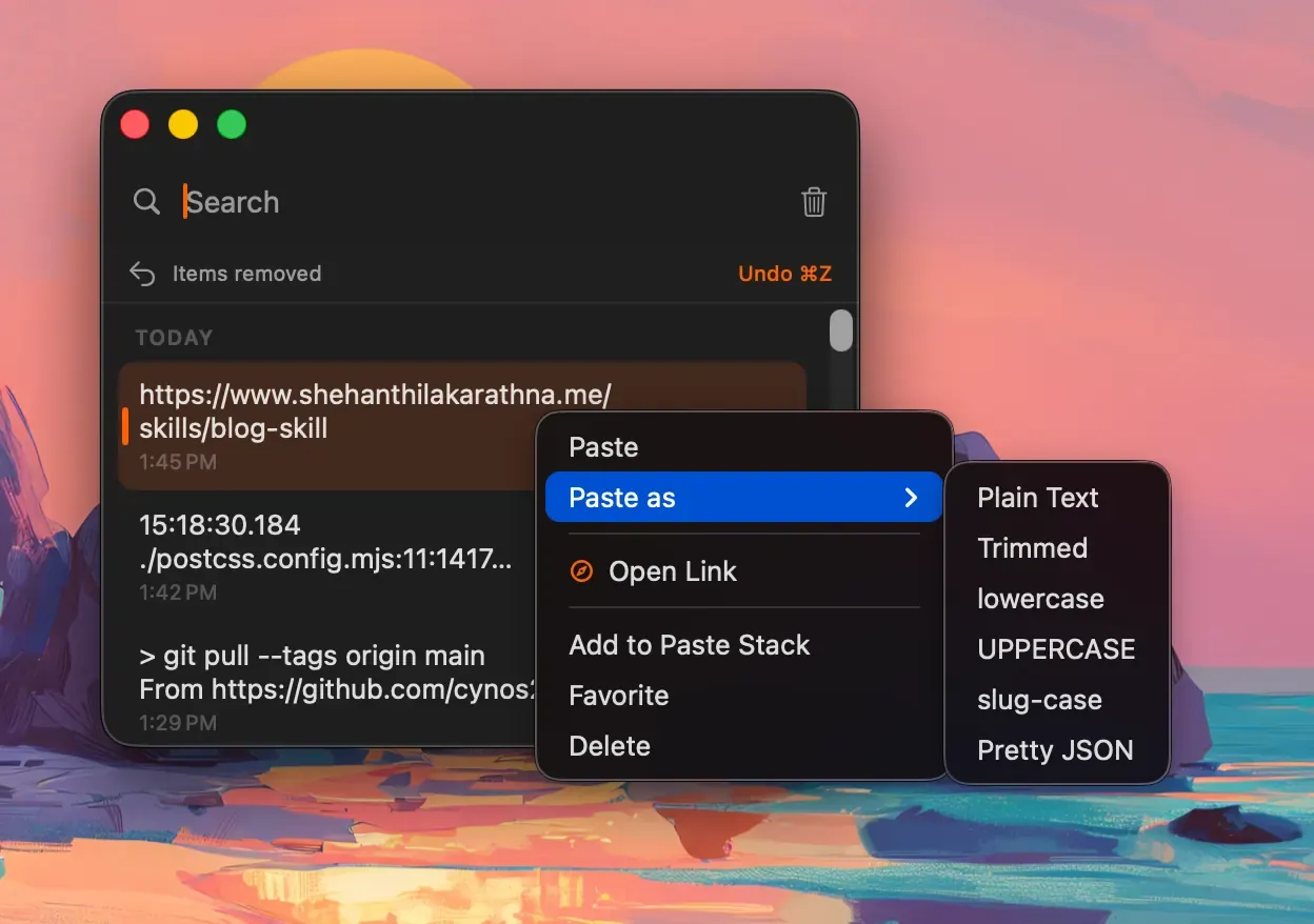 Historr Paste as submenu listing plain text and text transformation options.