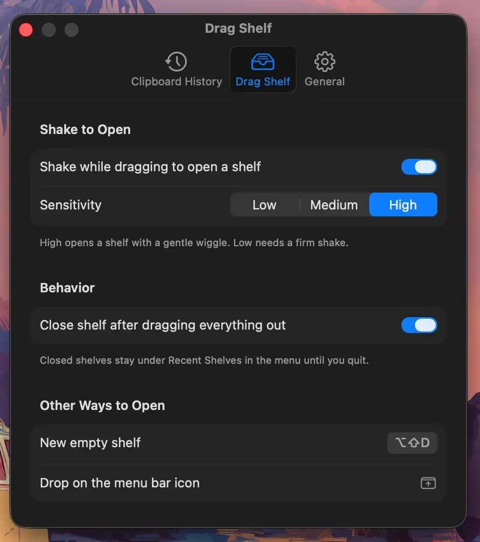 Historr Drag Shelf settings with the shake toggle, Low Medium High sensitivity, and alternative opening methods.
