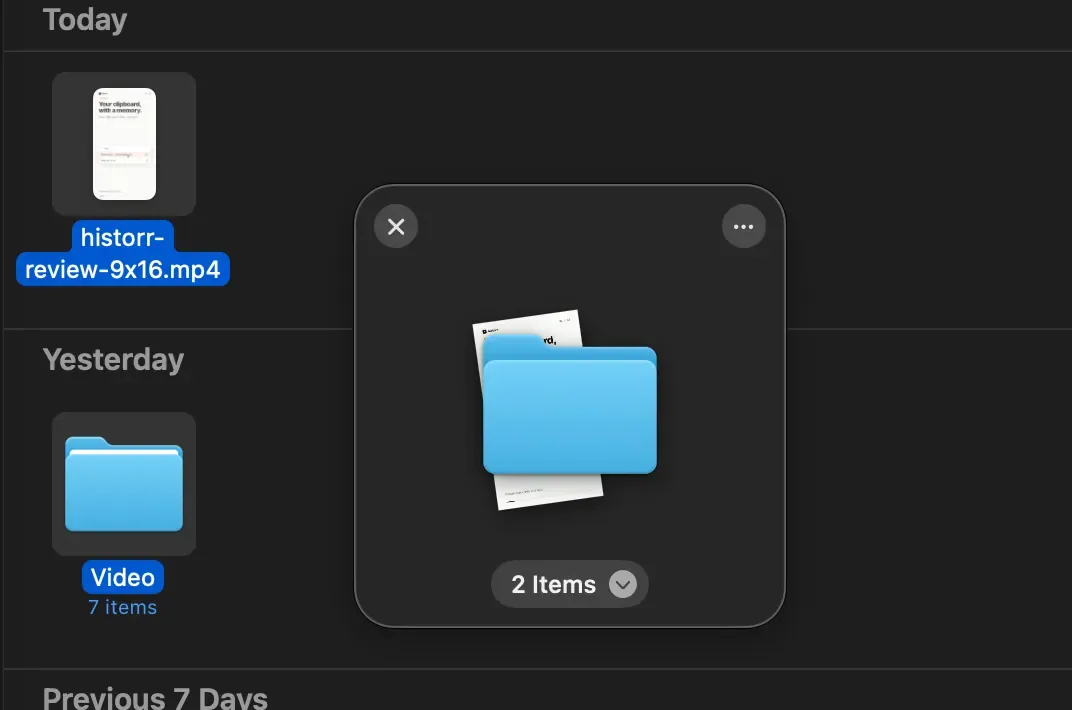 Historr Drag Shelf displaying a folder and another collected item with a two-item count.