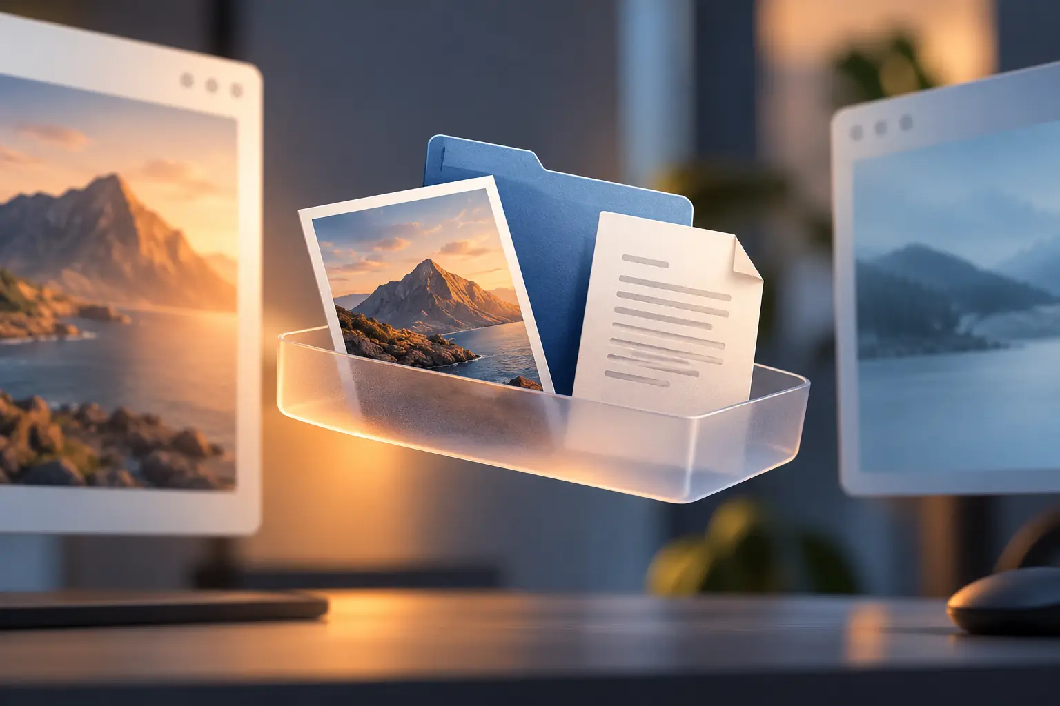 A floating tray collecting an image, folder, and document between workspaces.