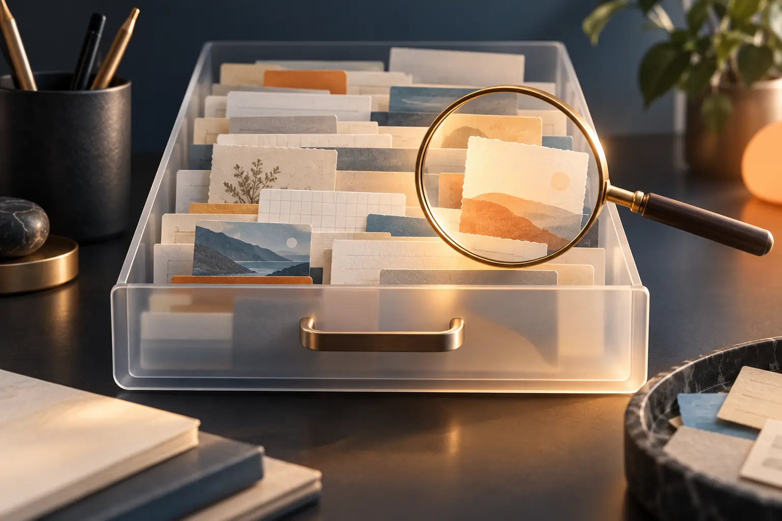 Illustrated archive drawer and magnifying glass representing clipboard history search.