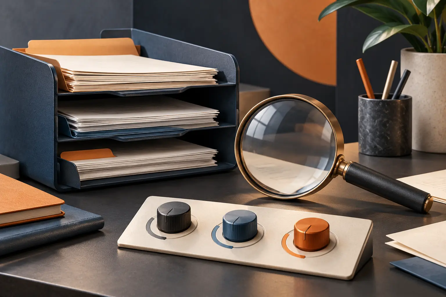 A file tray, magnifying glass, and controls representing shelf troubleshooting.