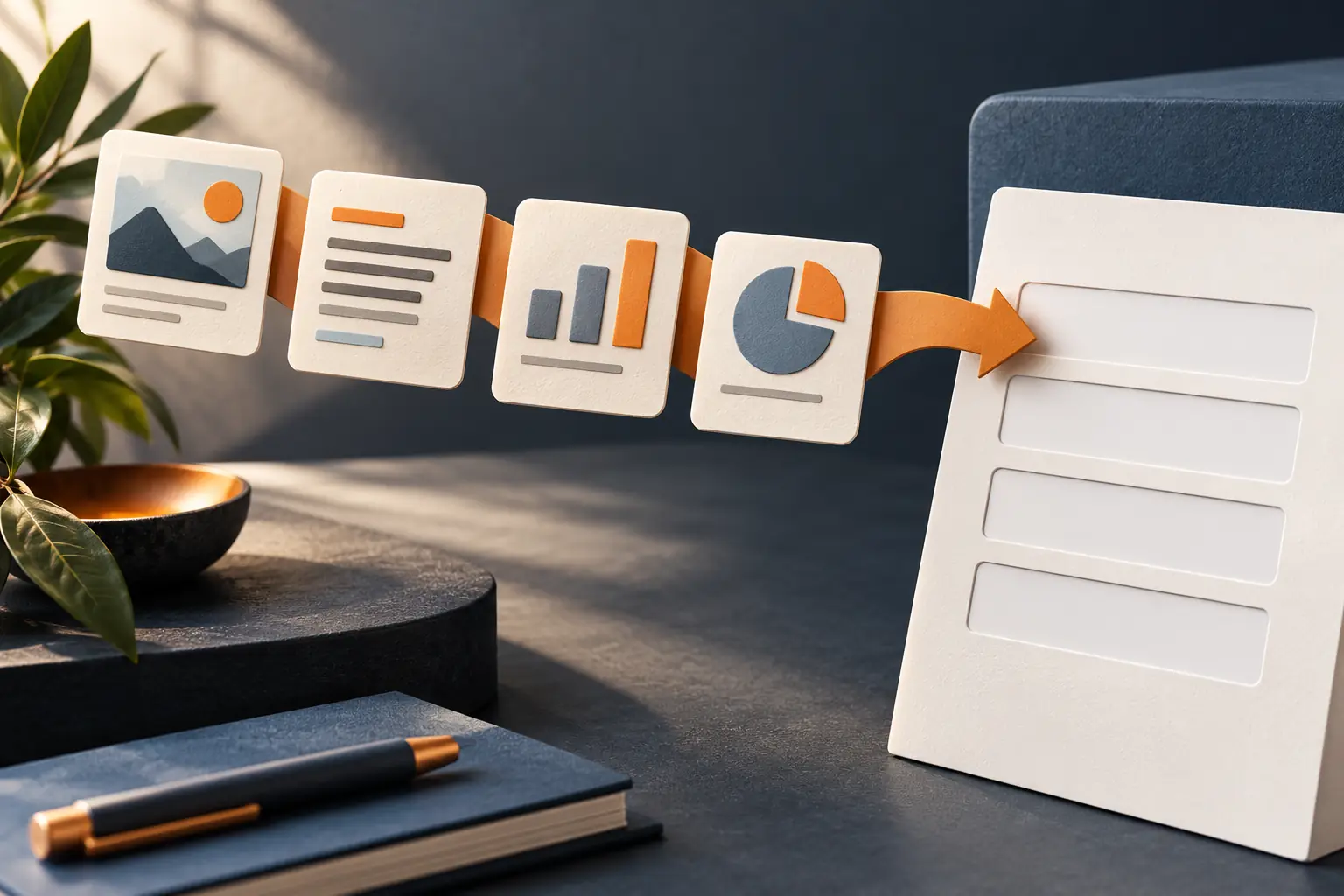 Content cards arranged in sequence toward empty form fields.