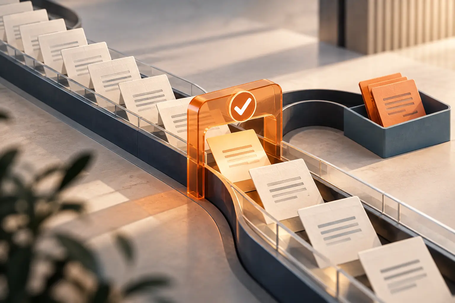 Request cards following a branching track with an exception tray.