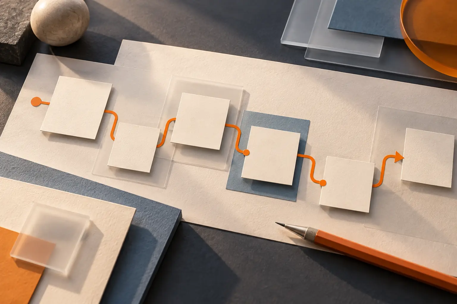 Paper planning cards linked by an orange route on a project board.