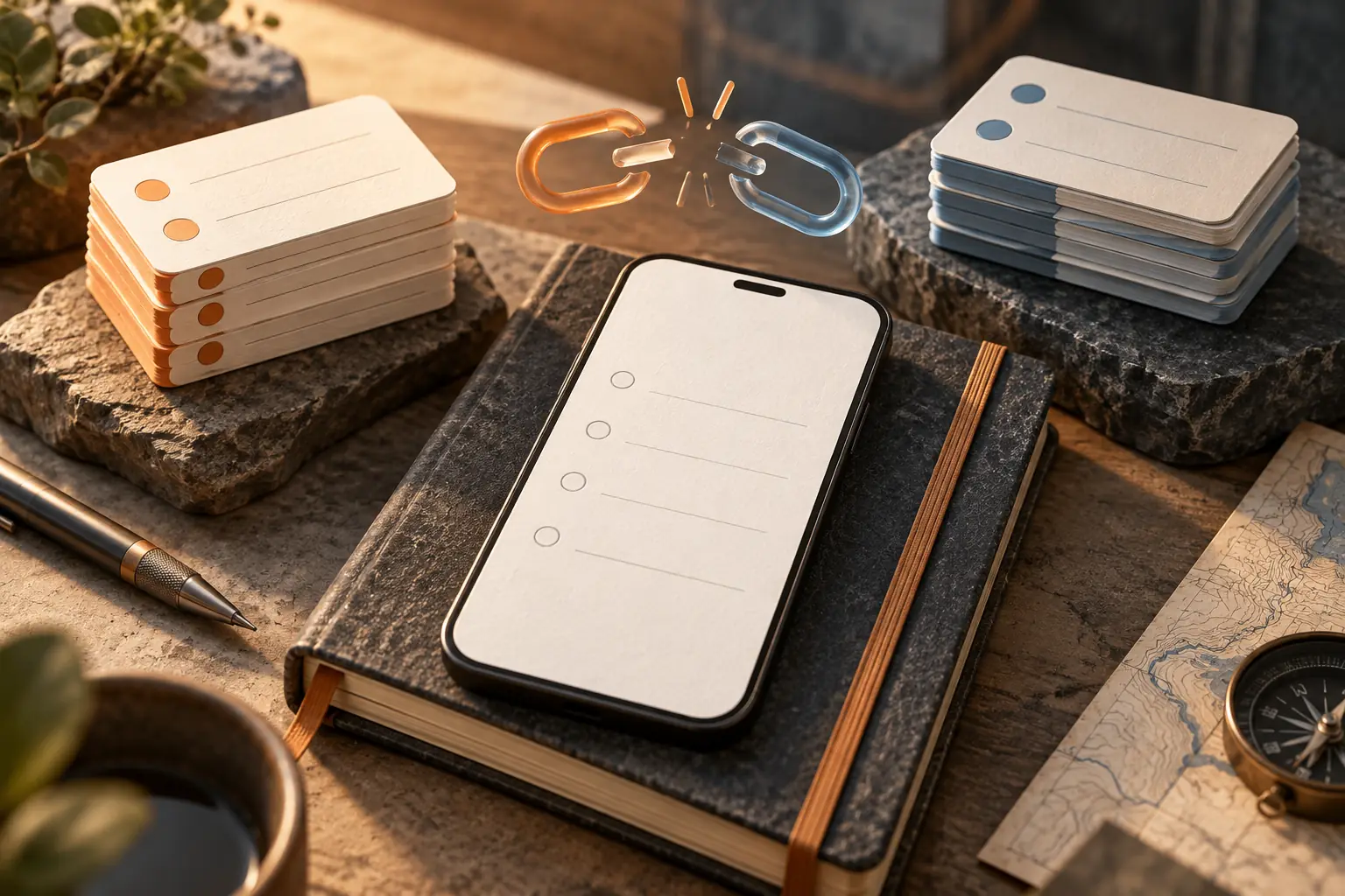 A phone and field notebook with separate stacks of stored and pending work.
