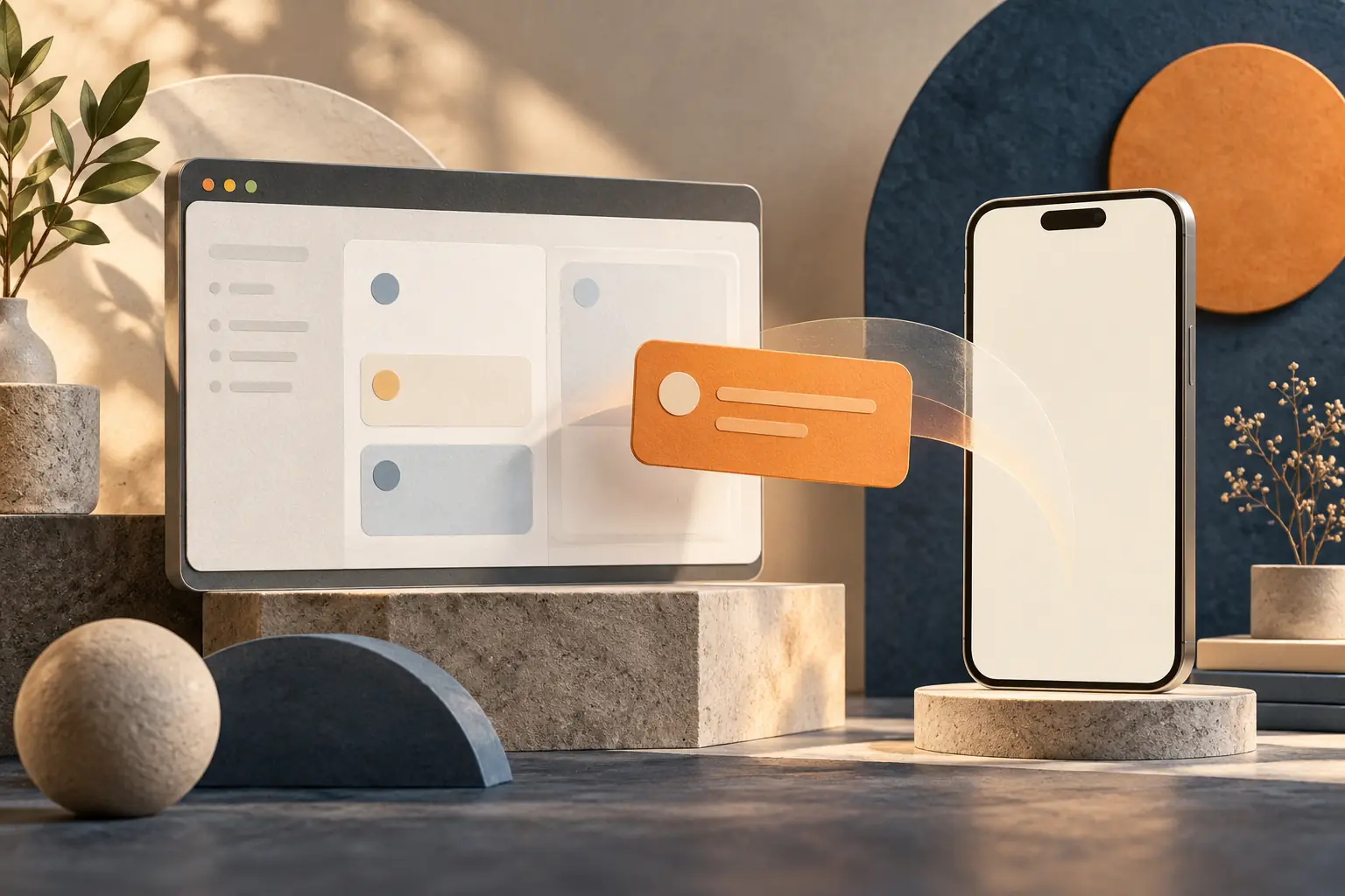 A browser frame and phone frame sharing a task card.