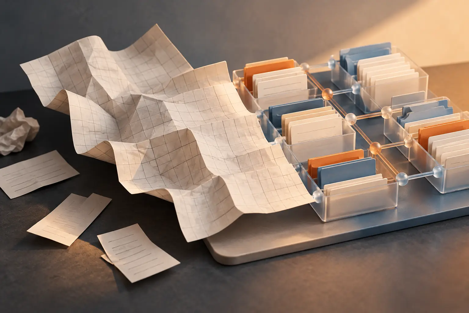 A paper grid transitioning into organized connected record trays.