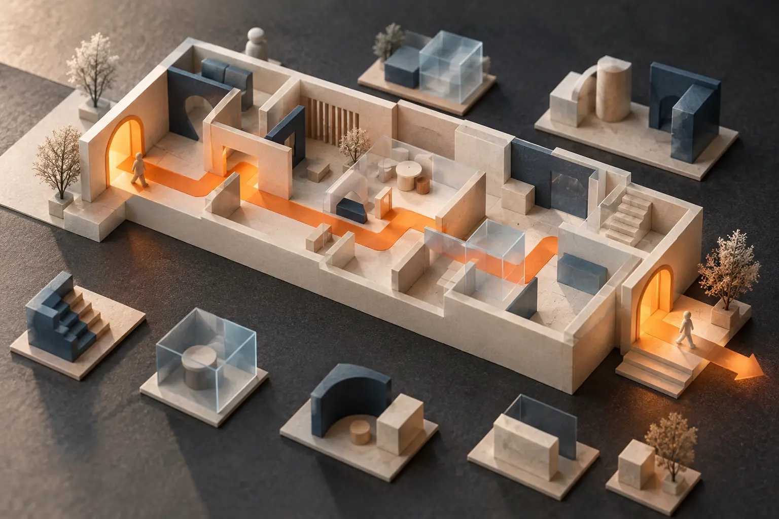A compact architectural model with a complete route and optional blocks set aside.