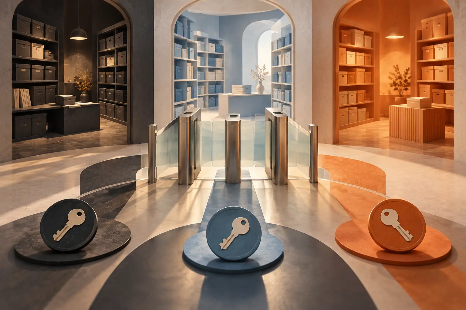 Separate archive spaces with distinct access tokens and gates.