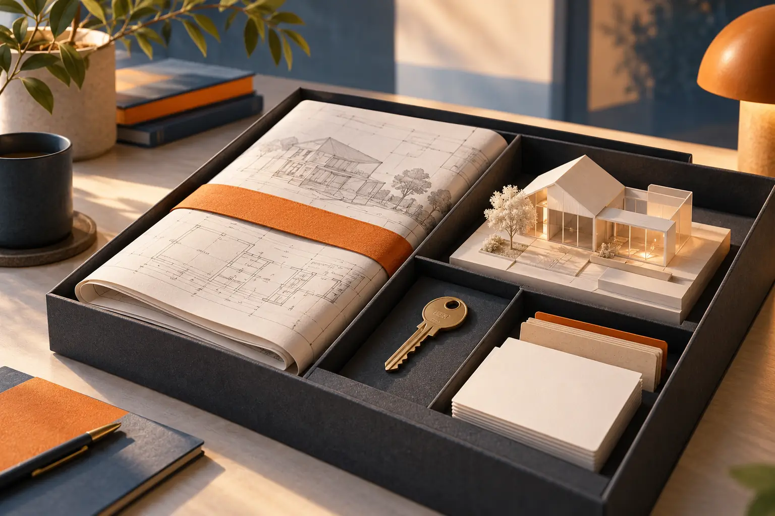 An organized software handover kit with plans, documentation cards, and a key.