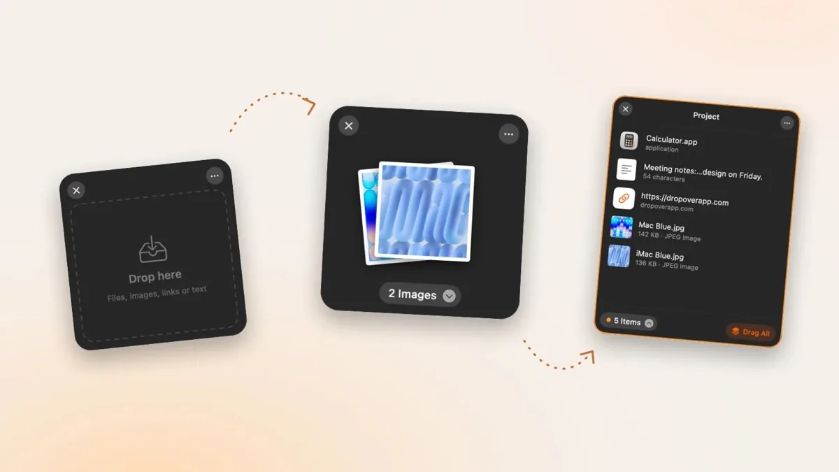 Three steps of the Drag Shelf: drop, collect, drag out