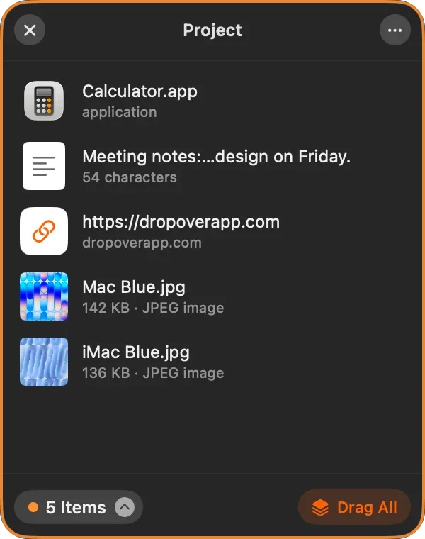 Historr Drag Shelf listing an app, a note, a link and two images