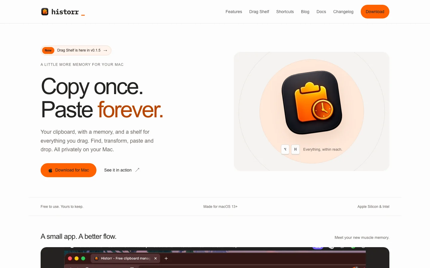 The Historr landing page: Copy once. Paste forever.